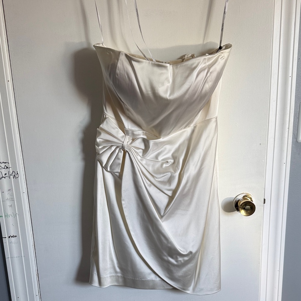 Calvin Klein Ivory Satin Strapless Mini Dress with Side Bow
